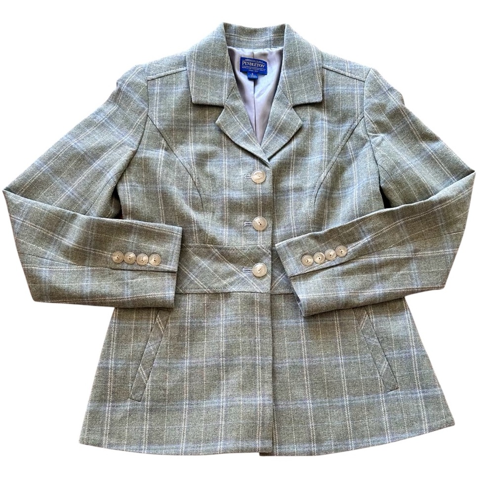 Vintage Pendleton 100% Virgin Wool Plaid Button Front Blazer Light Green Size:6